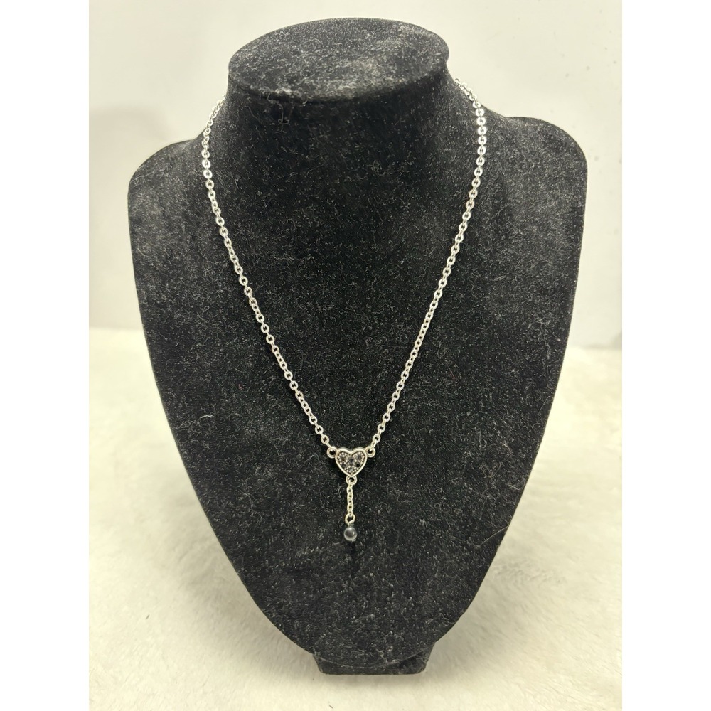 Elegant‎ Romantic Heart Outline Pendant Necklace w/Dark Drop Dangle Silver Tone